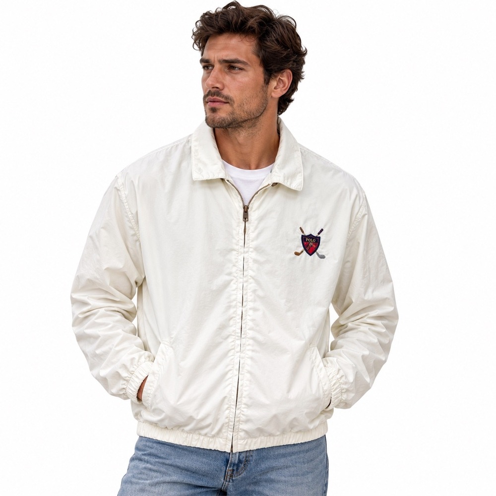 Vintage Polo Ralph Lauren Golf Crest Harrington Jacket White Made in USA Large